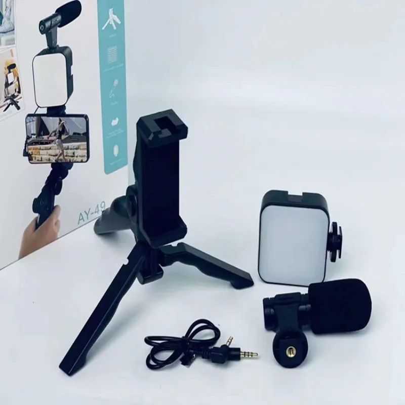 AY-49 Vlogging Kit – Selfie Stick, Tripod & LED Light