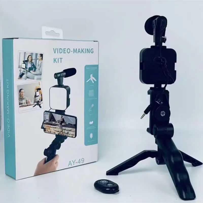 AY-49 Vlogging Kit – Selfie Stick, Tripod & LED Light