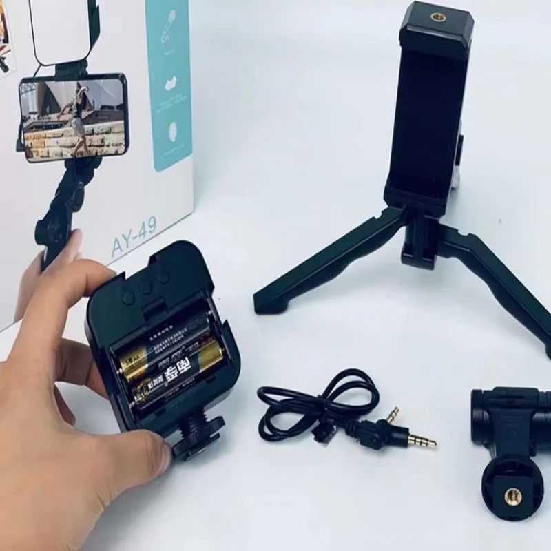 AY-49 Vlogging Kit – Selfie Stick, Tripod & LED Light