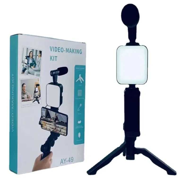 AY-49 Vlogging Kit – Selfie Stick, Tripod & LED Light